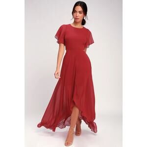 NEW Lulus Bohemian Rhapsody Red Flutter Short Sleeve Backless Maxi Gown Dress M